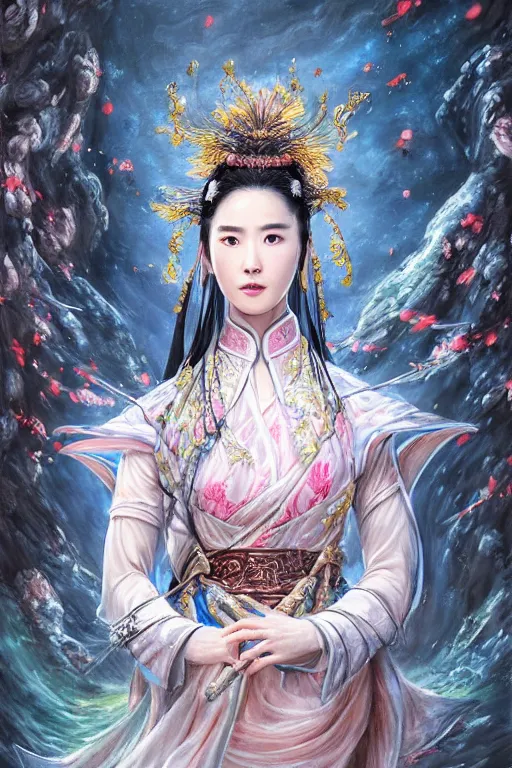 Image similar to beautiful ancient fantasy portrait of wuxia armored heroine, Liu Yifei, Zhao Lu Si wearing like Xian Xia wardrobe, in forbidden City, hybrid from Dynasty Warriror, flowers sea rainning everywhere, intricate, very very beautiful, elegant, highly detailed, digital painting, beautiful glowing galaxy eyes, human anatomy, hyperrealistic, soft light, dynamic, artstation, fantasy concept art, smooth, sharp focus, illustration, art by alphonse mucha and WLOP and tian zi