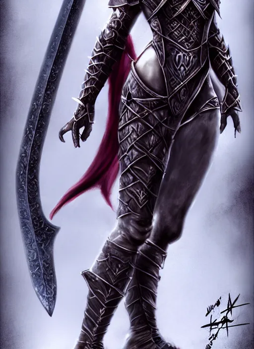 Prompt: female vampire warrior, large two - handed sword, large greatsword, full portrait, enchanting, elegant, lean and muscular, flying, barefoot, foot wraps, exposed toes, black heavy armor, historical armor, metal mask, in the style of ghostblade, wlop, modern fantasy, realistic proportions.