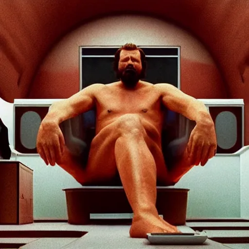 Image similar to hyperrealism aesthetic ridley scott and denis villeneuve style photography of a detailed giant, siting on a detailed ultra huge toilet and scrolling his smartphone in hyperrealism scene from detailed art house movie in style of alejandro jodorowsky and wes anderson