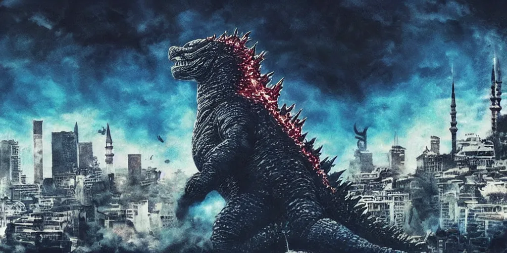 Prompt: godzilla is attacking istanbul, studio ghibli, dark sky, anime background