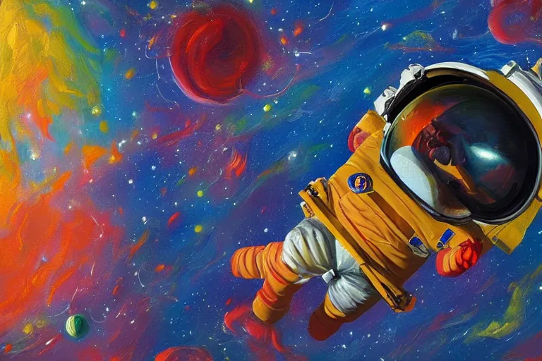 Image similar to A Detailed Painting of An Astronaut Floating In Space, Bright Colors, In The Style Of An oil Painting, Trending on cgsociety