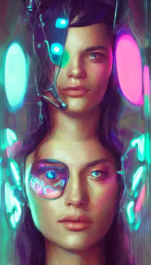 Prompt: a portrait of a beautiful cyberpunk woman with augmentations, neon reflections, by mandy jurgens, highly detailed, HD, oil on canvas