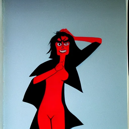 Image similar to A very red photgraphic portrait of the character, Desire, a tall, smiling androgyne with black hair and a grey pinstripe suit, studio lighting, medium shot, Life Magazine, 1978, Vertigo Comics, The Sandman written by Neil Gaiman, against a stormy sky