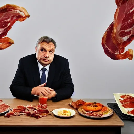 Prompt: portrait of viktor orban proudly sitting behind a table full of bacon