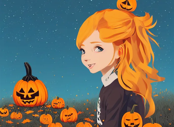 Image similar to little girl with long golden blonde hair sitting on a pile of halloween pumpkins and skulls. clean cel shaded vector art. behance hd by lois van baarle, artgerm, helen huang, by makoto shinkai and ilya kuvshinov, rossdraws, illustration, art by ilya kuvshinov