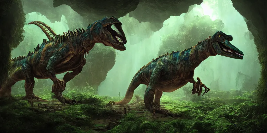 Image similar to magnificent mechanical steampunk dinosaur looking eerily into a cave entrance with lush vegetation and mystical (((glowing algae))) in the sunset, light coming through from holes in the ceiling, desaturated, creepy ambiance, dangerous, sharp focus, highly detailed, artgerm