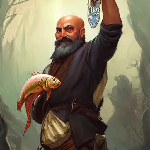 Prompt: wow! fanart young black bearded and bald man with a fish in his hand, d & d, high fantasy, detailed, digital art, artstation, smooth, sharp focus, art by artgerm, greg rutkowski, alphonse mucha