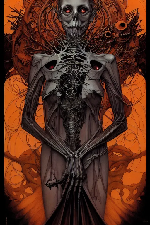 Image similar to artgerm, joshua middleton, mucha, beksinski, moebius, heavy metal comic cover art, psychedelic triangular skeletal calcification fungus lich, full body, hollow eyes, symmetrical face, long black crown, in a dungeon background, moody dark colors