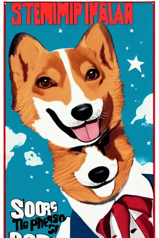 Image similar to a teaser poster of an american sitcom from the 50s, the protagonist is a corgi dog, 1950, poster