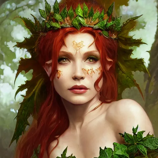 Prompt: a beautiful and detailed matte painting of poison ivy dressed as an elf queen, fantasy, d & d, dark eyeliner, intricate, elegant, highly detailed, digital painting, artstation, concept art, matte, sharp focus, illustration, art by greg rutkowski and alphonse mucha