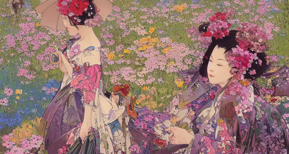 Prompt: oil painting, long shot, beautiful floralpunk japanese girl illustration walking in a park, detailed patterns art of japan traditional dress, flower pop art, floral splash painting, art by ashley wood, alphonse mucha, makoto shinkai, geof darrow, dark shadow