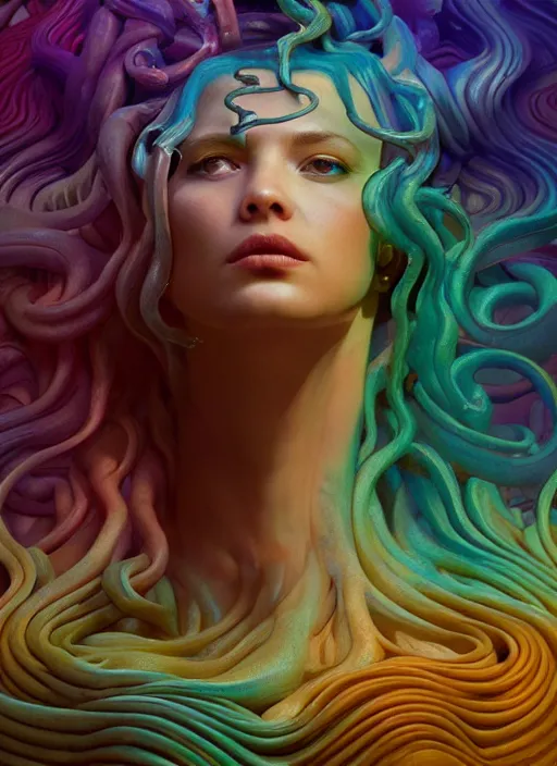 Image similar to medusa made of soft wax, wooden art nouveau swirls, strong subsurface scattering, cables, tubes, subsurface scattering, in the style of ruan jia and beeple and giger, subsurface scattering, mystical colors, rim light, dramatic lighting, 8 k, stunning scene, raytracing, octane render, trending on artstation