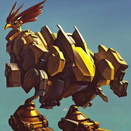 Image similar to greg manchess portrait painting of fully armored chocobo on top of a huge mecha as overwatch character, totally whack, medium shot, asymmetrical, profile picture, organic painting, sunny day, matte painting, bold shapes, hard edges, street art, trending on artstation, by huang guangjian and gil elvgren and sachin teng