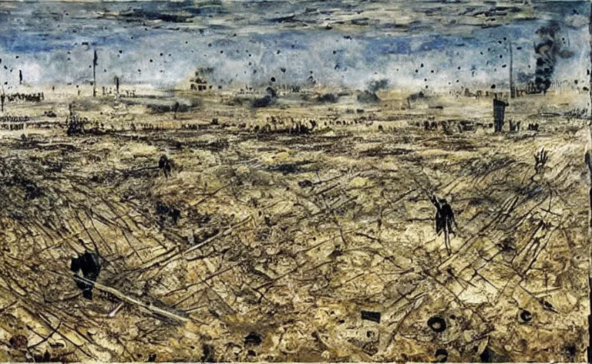 Image similar to painting by anslem kiefer of a battlefield