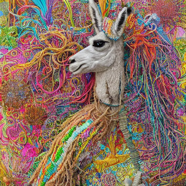 Image similar to llama with dreadlocks, colorful, detailed, by ernst haeckel, james jean, el anatsui, mandy jurgens