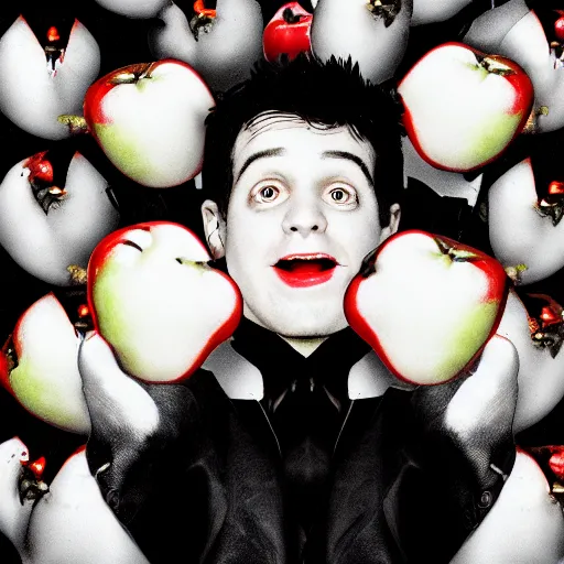 Image similar to edward scissors hands holding an apple, saturated image, centralised, barroc