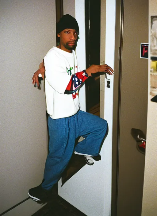 Image similar to Portrait of a 1990s Philadelphia b-boy looking back while exiting his apartment, hand on the doorknob, photographed for Reuters, Kodak Portra 400, 25mm f/1.8, light diffusion, contrast, film grain, 8k archival print