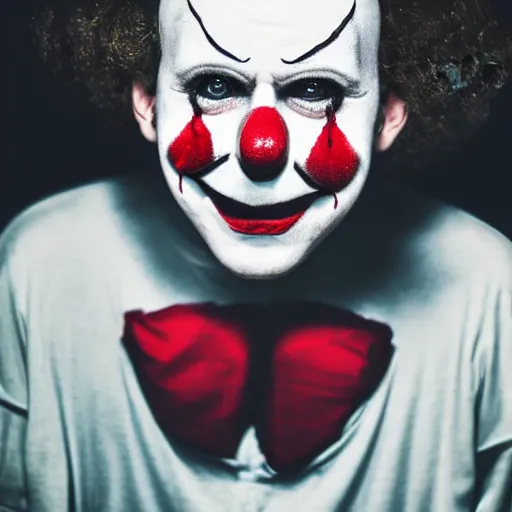 Prompt: creepy clown at a dark park smiling