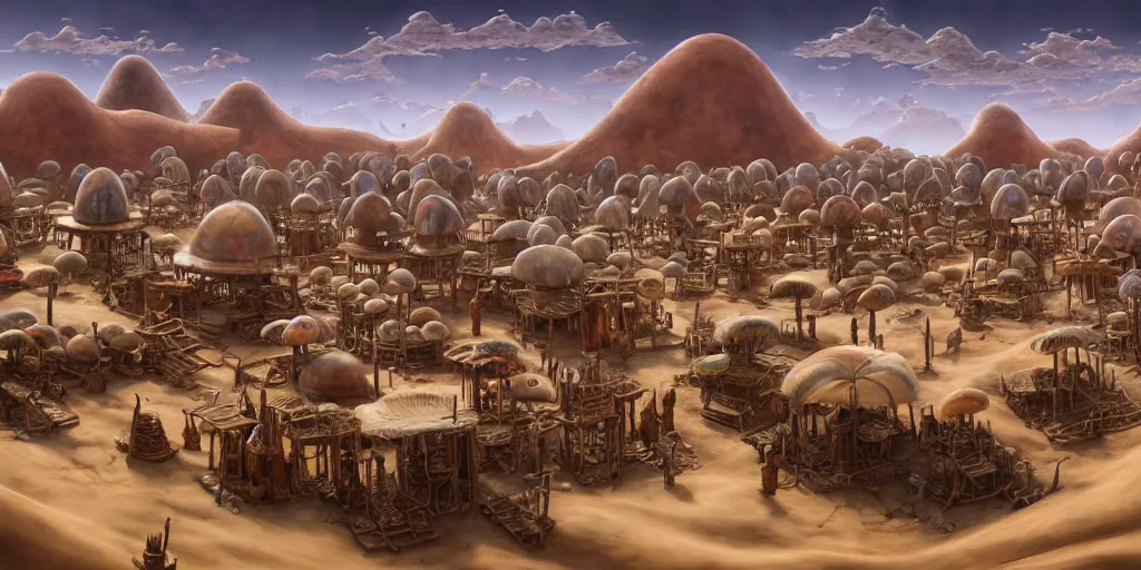 Image similar to colored merchant tents at a sprawling temple city of rusty chrome, white salt desert dunes, matte oil painting, mushroom farms, fungal polyps, retrofuturistic, science fantasy, mutant, lgbt, queer, rpg, epic, badlands, slime, dungeons & dragons, sacred, sharp focus, award - winning, extremely detailed, 4 k, 8 k