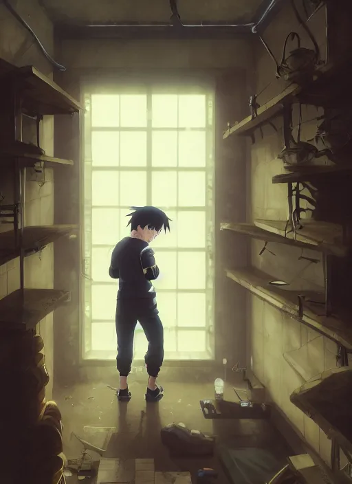 Image similar to highly detailed prison cell with naruto uzumaki with black hair, bars in window, hitting a wall, art by greg rutkowski, loish, rhads, ferdinand knab, makoto shinkai and lois van baarle, ilya kuvshinov, rossdraws, tom bagshaw, global illumination, radiant light, detailed and intricate environment