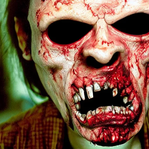 Prompt: a wide angle shot from the horror movie featuring a realistic zombie that was based on Eddie The Head from Iron Maiden except fully realistic skin and teeth with fiery eyes having the same metal latch on his forehead as Eddie The Head in the original Art which connects the seams from the cut that encircled his cranium