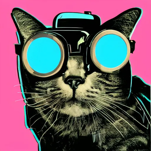 Prompt: illustration of cyberpunk cat in vr helmet, by andy warhol and by zac retz