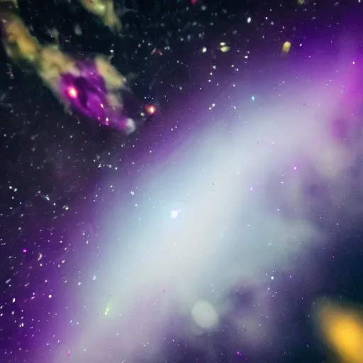 Prompt: A purple Cheese-It flying in space surrounded by colorful galaxies, 50mm, Nikon