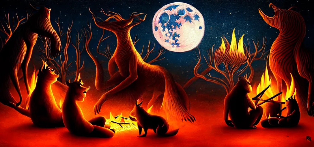 Image similar to strange mythical beasts of sitting around a fire under a full moon, surreal dark uncanny painting by ronny khalil