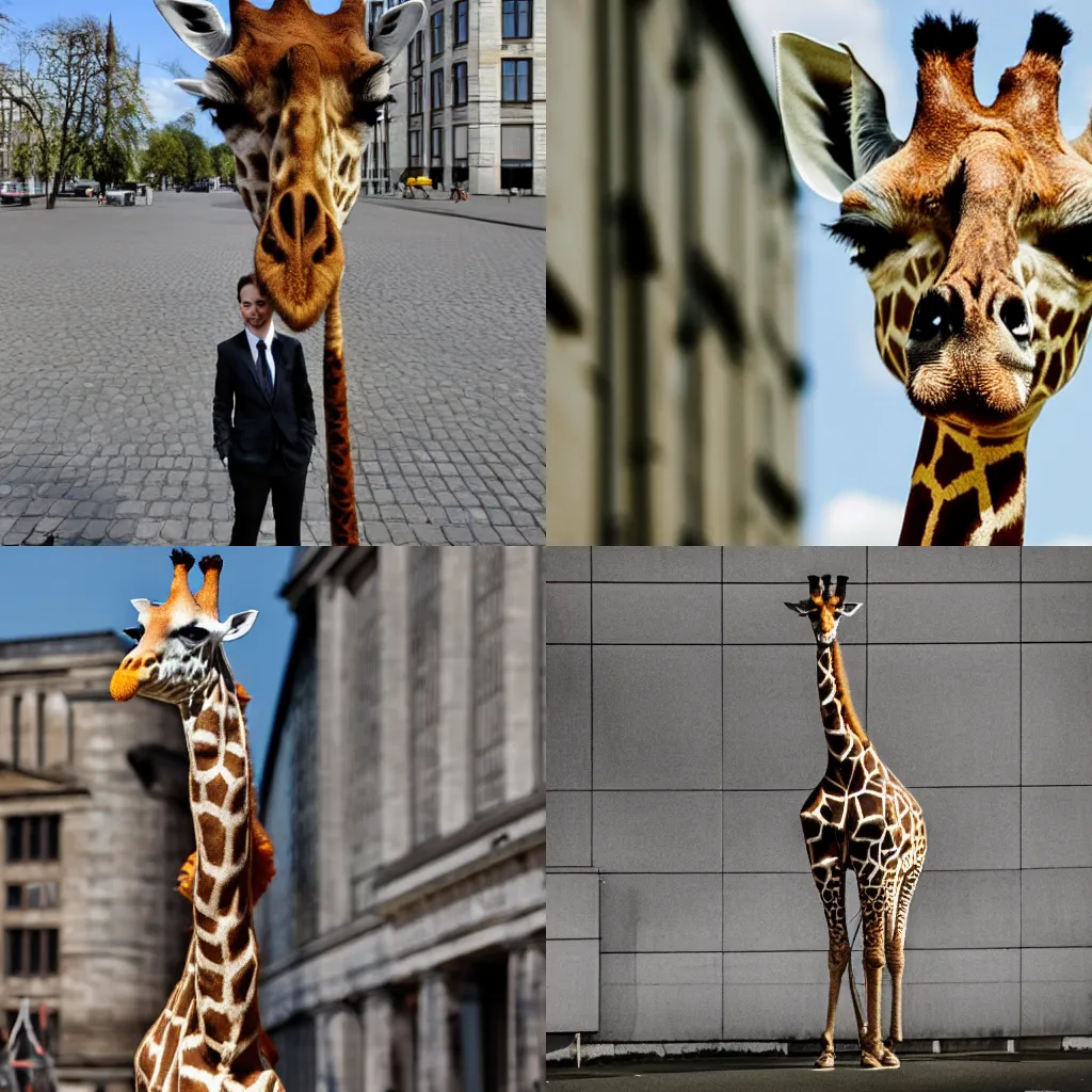 Prompt: a giraffe wearing a suit visits berlin