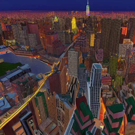 Prompt: New York city from far above at dusk, cinematic lighting, in the style of rollercoaster tycoon 2