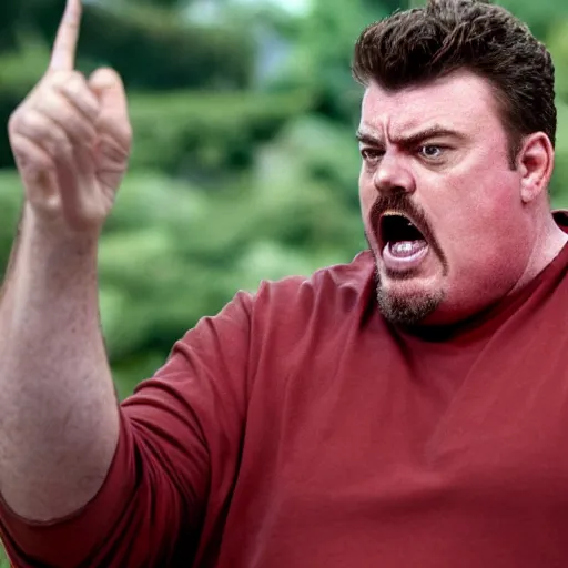 Prompt: robb wells. pointing at the camera, shouting mean words, angry, red faced