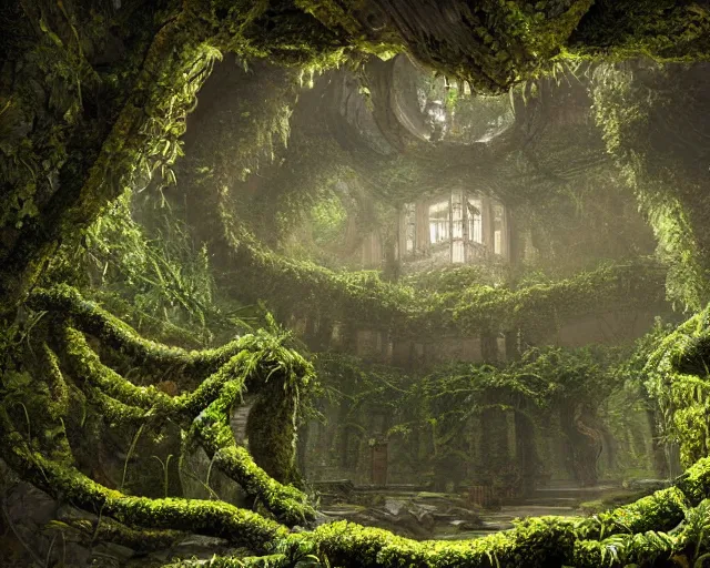 Prompt: The temple of infinite stones, overgrown with vines and moss, thick and rich vines hanging down from the ceiling of the temple, lush plants, amazing scale and lighting, digital art, trending on Artstation