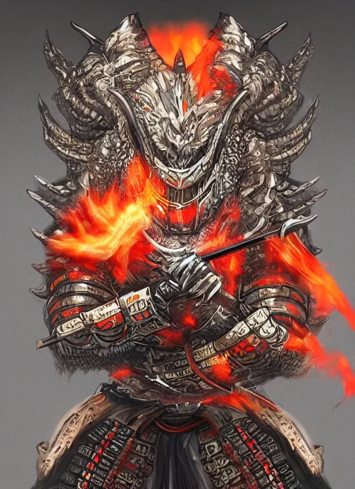 Image similar to A dragon inspired Japanese samurai armor, holding a katana, powerful, fire reflection, trending on artstation, dragon helmet, high dynamic range, hyper detailed