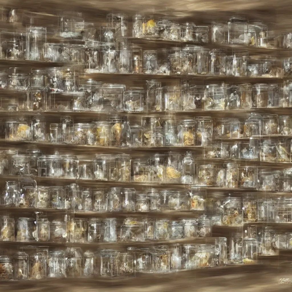 Prompt: a wooden shelf full of glass jars containing galaxies, concept art, science fiction, futuristic style,