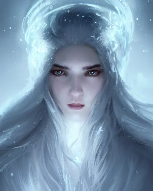 Prompt: a beautiful snow sorceress, flowy white grey hair, grey eyes, winter, frozen, snow, cinematic lighting, highly detailed, digital painting, trending on artstation, pixiv, concept art, sharp focus, illustration, art by ross tran and wlop, dark art