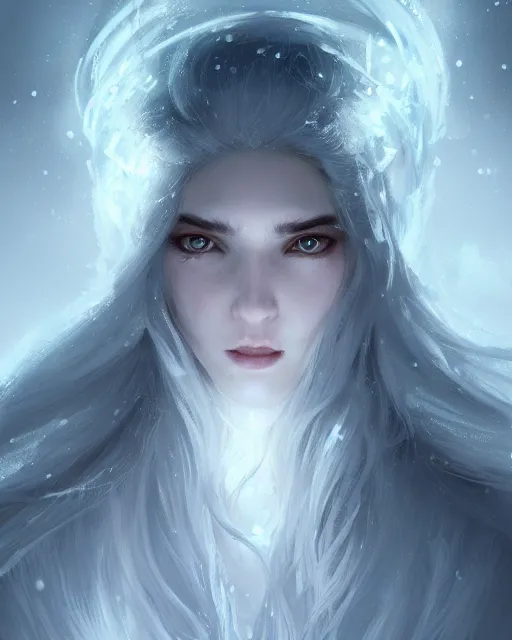 A Beautiful Snow Sorceress, Flowy White Grey Hair, 