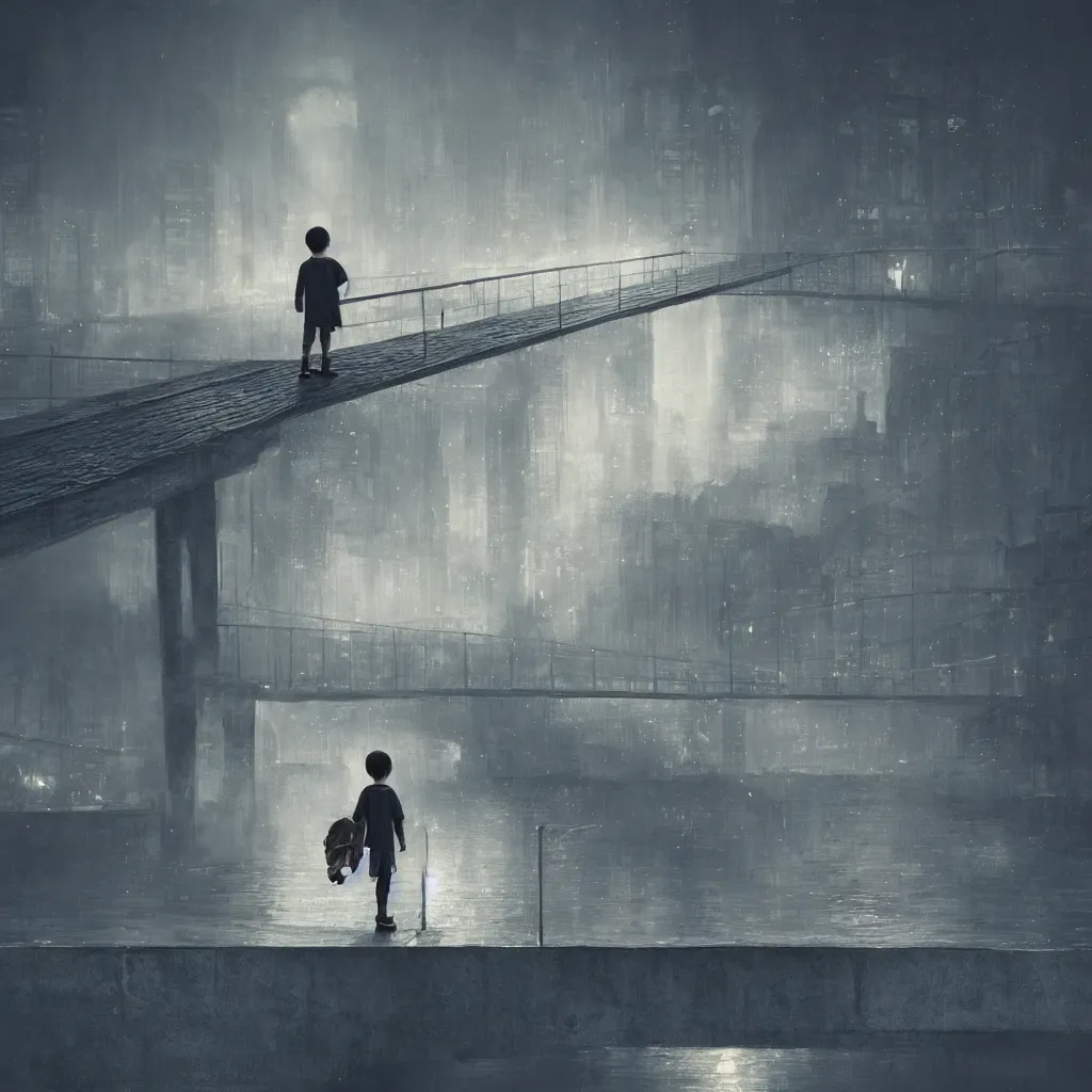 Image similar to a lonely boy on a city bridge looking to the river at night, digital painting, masterpiece, digital art, hyperrealistic, concept art, octane render, unreal engine 5, trending on deviantart, sad atmosphere, centered, anatomically correct, oil painting, high contrast, serene scenery, loneliness