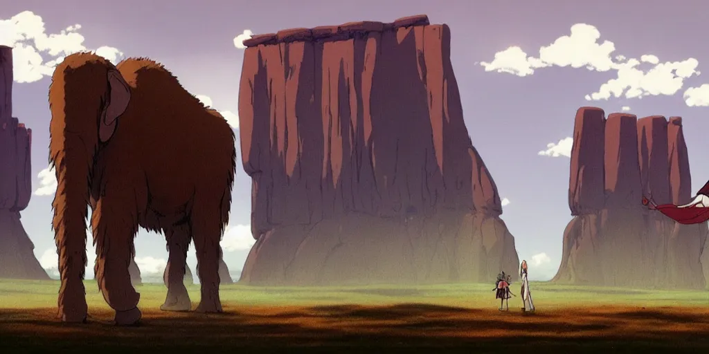 Image similar to a realistic cell - shaded studio ghibli concept art from paprika ( 2 0 0 6 ) of a giant mammoth and a grey native american warrior in a flooded monument valley stonehenge. very dull colors, wide shot, hd, 4 k, hq