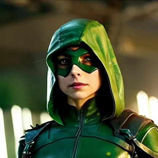 Image similar to film still of willa holland as green arrow in the 2 0 1 7 film justice league, dramatic cinematic lighting, inspirational tone, suspenseful tone, promotional art