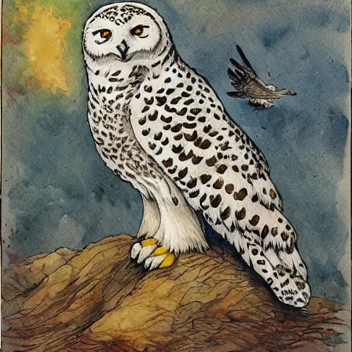 Image similar to snowy owl crossed with a snow leopard to make a gryphon, Louis William Wain watercolor,