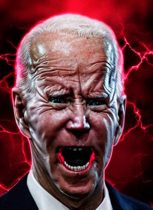 Image similar to hyper realistic ultra realistic horror terror dimensional photo furious glowing red eyes biden, high quality photo, detailed , 8k