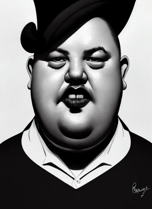 Image similar to portrait of a chubby man with a crooked nose and a confident expression, 1 9 6 0 s, black clothes, goth, punk, funk, intricate, elegant, highly detailed, digital painting, artstation, concept art, smooth, sharp focus, illustration, art by wlop, mars ravelo and greg rutkowski