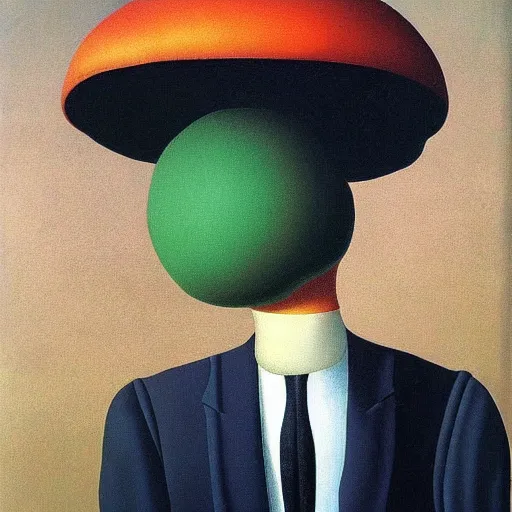 Image similar to surrealist painting of a man with a mushroom for a head, rene magritte