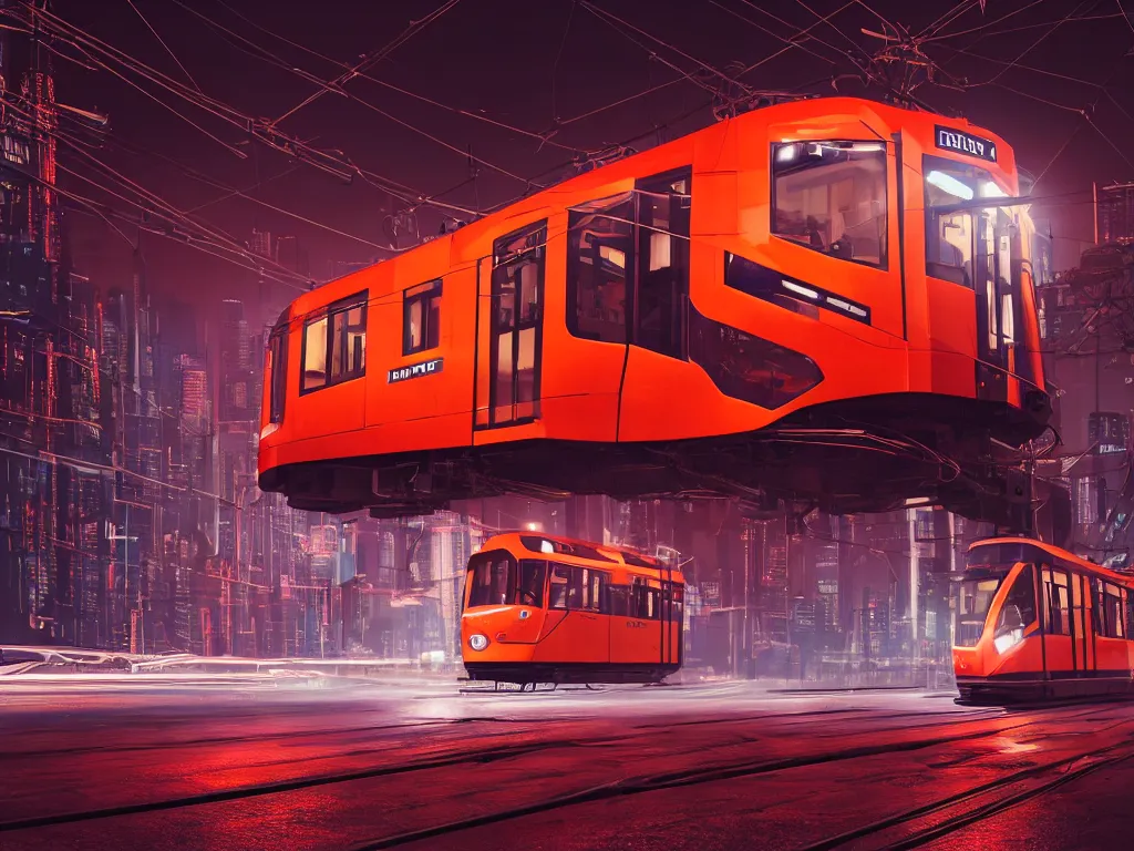 Image similar to an streetcar ktm - 8 red and white stands at a road on the other planet, headlights shine with neon light, in the background in the distance the earth, atmospheric, futuristic, cyberpunk, ray tracing global illumination, 8 k resolution, ultra detailed