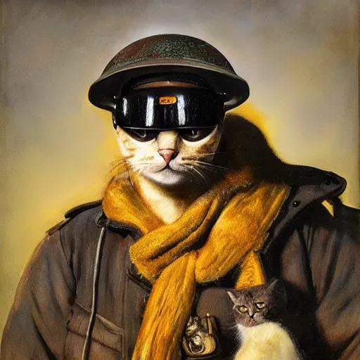 Prompt: heroic cat pilot, ww 2, wearing a vintage pilot helmet and a scarf, and vvintage aviator jacket, painted by rembrandt, intricate, detailed, atmospheric lighting, golden hour.