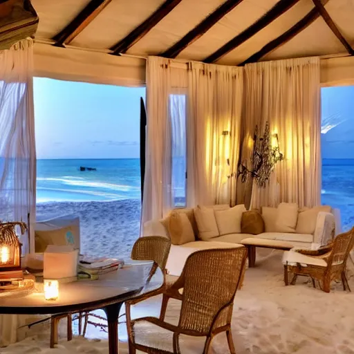 Image similar to expensive villa interior nearby a beach with books everywhere, cosy atmosphere, beautiful lighting