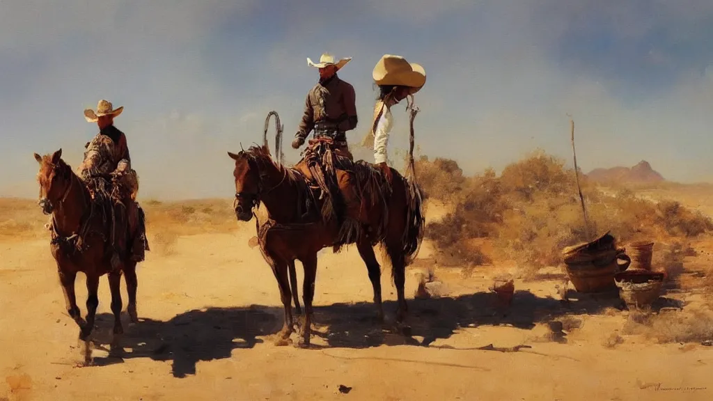 Image similar to oil painting of cowboy dream at mexican desert setting, art by anders zorn, wonderful masterpiece by greg rutkowski, beautiful cinematic light, american romanticism by greg manchess, reflections in copper, sunlight, dust and steam