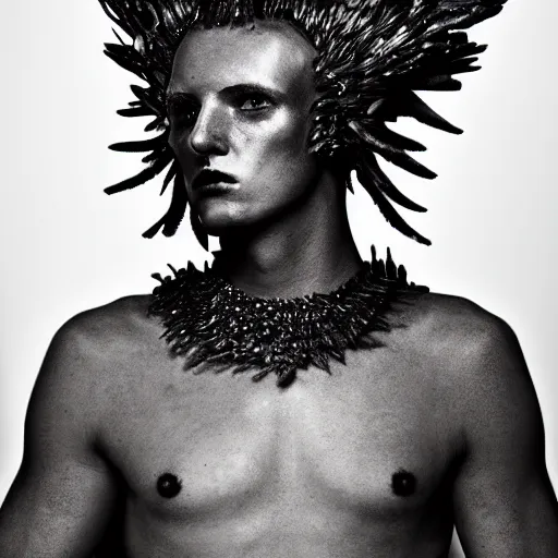 Prompt: a portrait of a beautiful young male wearing an alexander mcqueen armor made of ashes , photographed by andrew thomas huang, artistic