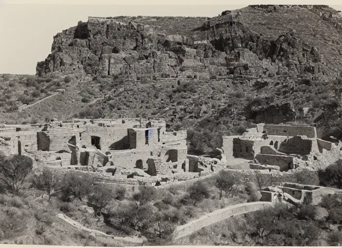 Prompt: Photograph of sprawling cliffside pueblo ruins, showing terraced garden and lush desert vegetation in the foreground, albumen silver print, Smithsonian American Art Museum