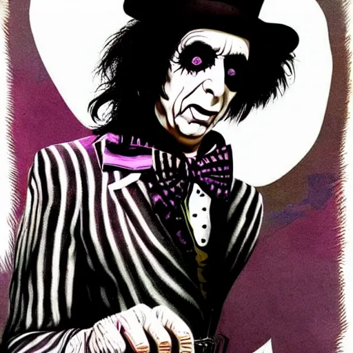 Prompt: graphic illustration, creative design, alice cooper as willy wonka, biopunk, francis bacon, highly detailed, hunter s thompson, concept art